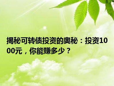 揭秘可转债投资的奥秘：投资1000元，你能赚多少？