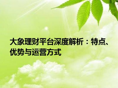 大象理财平台深度解析：特点、优势与运营方式