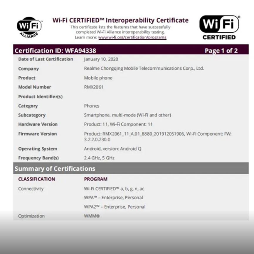 在Wi-Fi Alliance网站上发现OPPO Find X2和Realme RMX2061