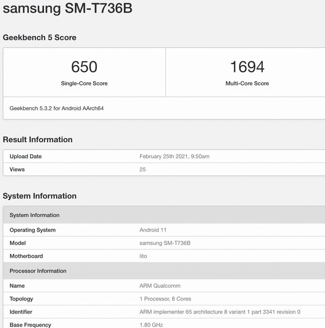 三星Galaxy Tab S7 Lite 5G通过Geekbench测试